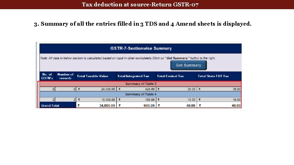 Tax deduction at source-Return GSTR-07 3. Summary of all the entries filled in 3