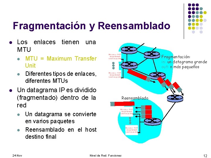 Fragmentación y Reensamblado l Los enlaces tienen una MTU l l l Un datagrama