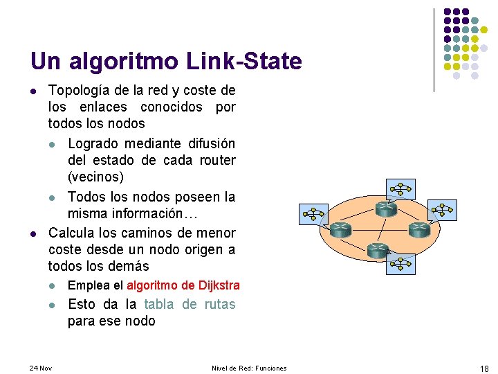 Un algoritmo Link-State l l Topología de la red y coste de los enlaces