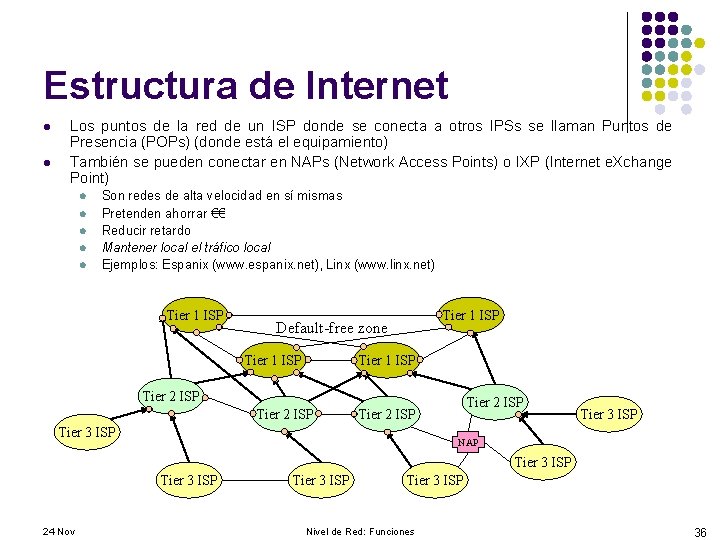 Estructura de Internet l l Los puntos de la red de un ISP donde
