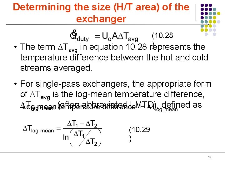 Determining the size (H/T area) of the exchanger (10. 28 ) in equation 10.