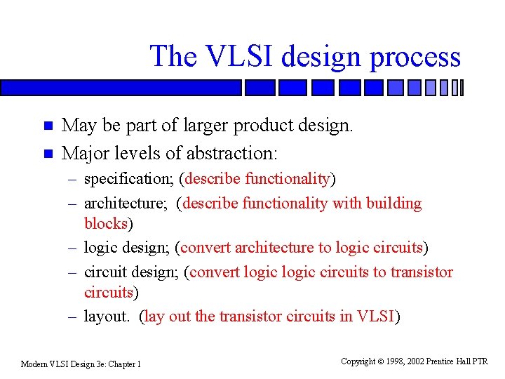 The VLSI design process n n May be part of larger product design. Major