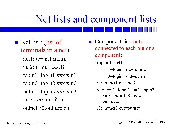 Net lists and component lists n Net list: (list of terminals in a net)