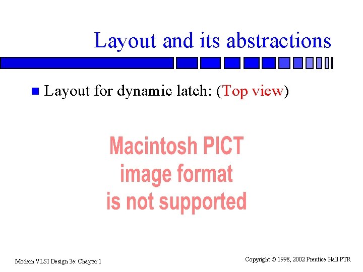 Layout and its abstractions n Layout for dynamic latch: (Top view) Modern VLSI Design