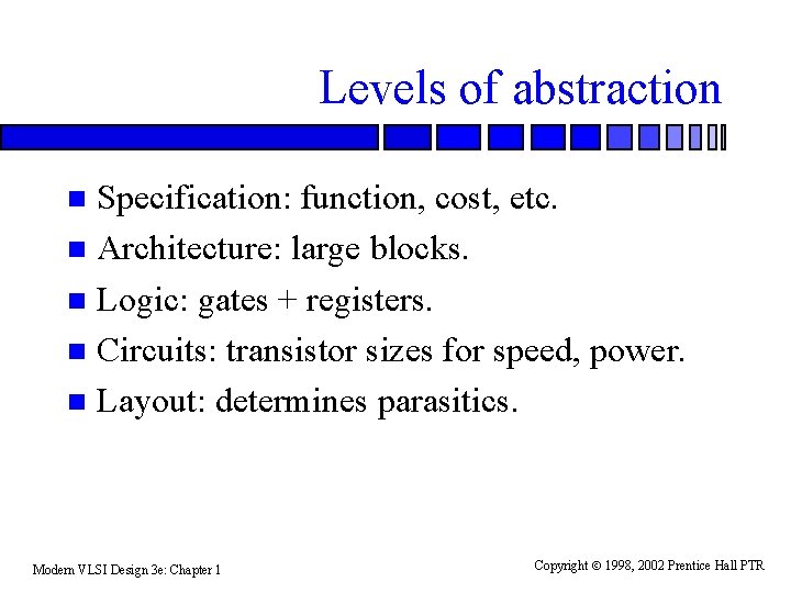 Levels of abstraction Specification: function, cost, etc. n Architecture: large blocks. n Logic: gates