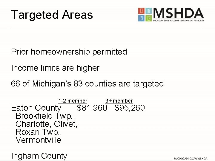Targeted Areas Prior homeownership permitted Income limits are higher 66 of Michigan’s 83 counties