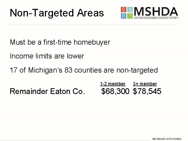 Non-Targeted Areas Must be a first-time homebuyer Income limits are lower 17 of Michigan’s