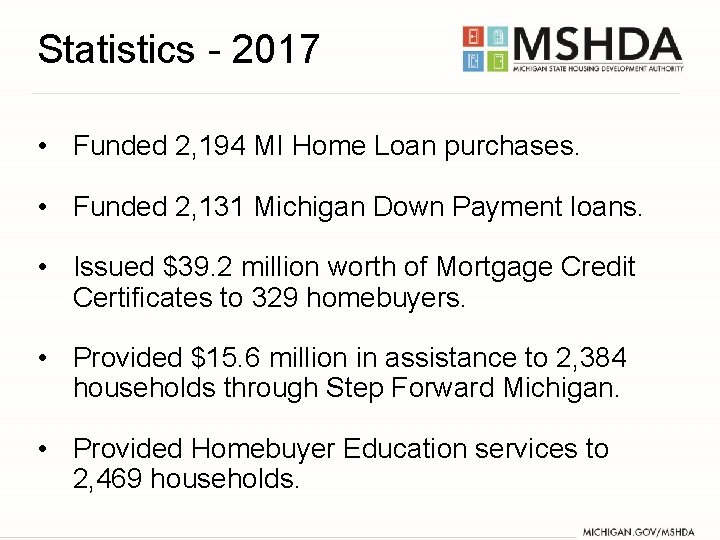 Statistics - 2017 • Funded 2, 194 MI Home Loan purchases. • Funded 2,