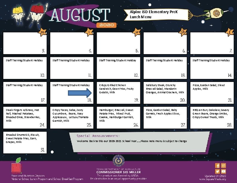 Alpine ISD Elementary Pre. K Lunch Menu Staff Training/Student Holiday Staff Training/Student Holiday Crispy Alpine ISD Elementary Pre. K Lunch Menu Staff Training/Student Holiday Staff Training/Student Holiday Crispy