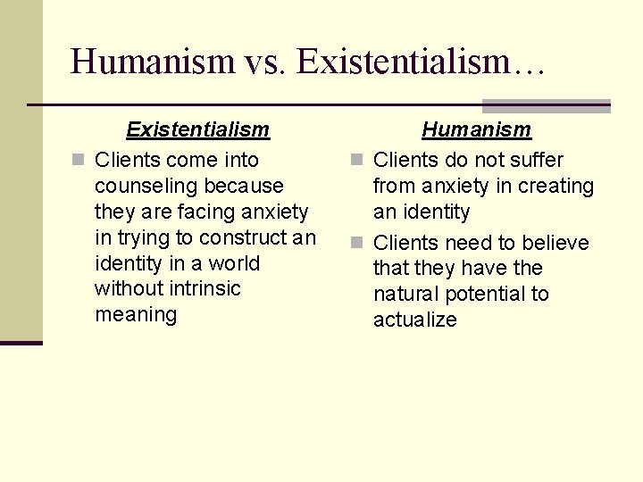 Humanism vs. Existentialism… Existentialism n Clients come into counseling because they are facing anxiety