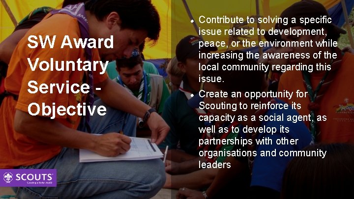  SW Award Voluntary Service Objective Contribute to solving a specific issue related to