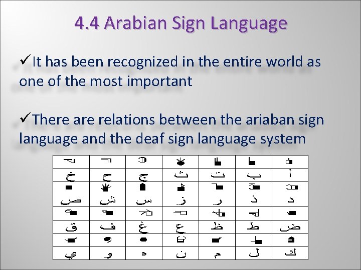 4. 4 Arabian Sign Language üIt has been recognized in the entire world as