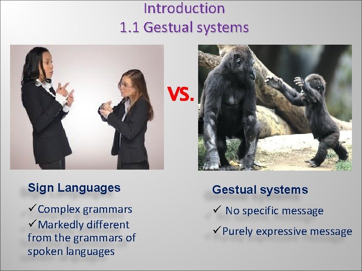 Introduction 1. 1 Gestual systems VS. Sign Languages Gestual systems üComplex grammars üMarkedly different