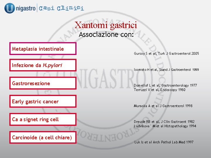 Xantomi gastrici Associazione con: Metaplasia intestinale Infezione da H. pylori Gastroresezione Early gastric cancer