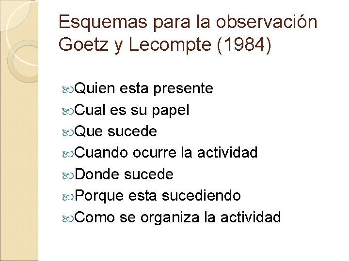 Esquemas para la observación Goetz y Lecompte (1984) Quien esta presente Cual es su