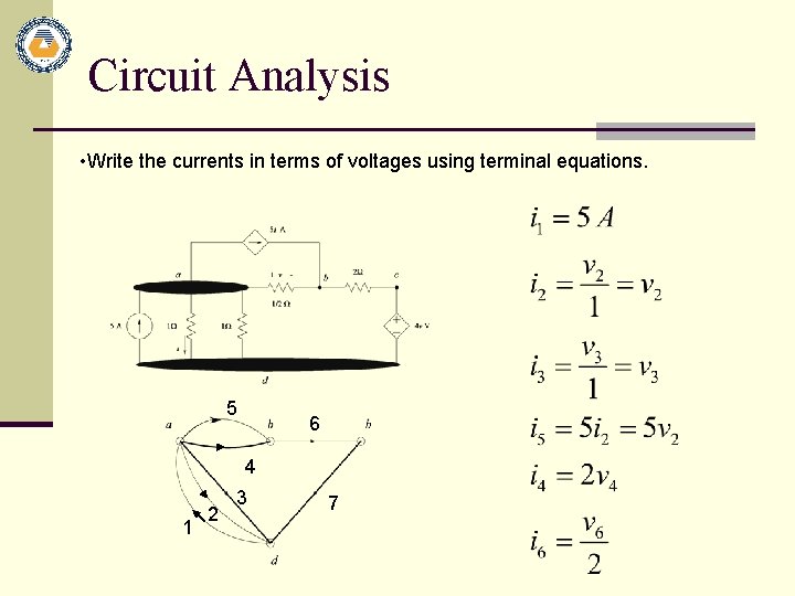 Circuit Analysis • Write the currents in terms of voltages using terminal equations. 5