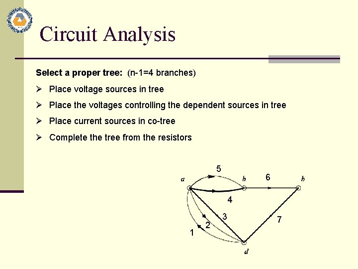 Circuit Analysis Select a proper tree: (n-1=4 branches) Ø Place voltage sources in tree