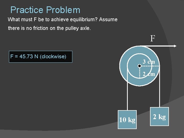 Practice Problem What must F be to achieve equilibrium? Assume there is no friction
