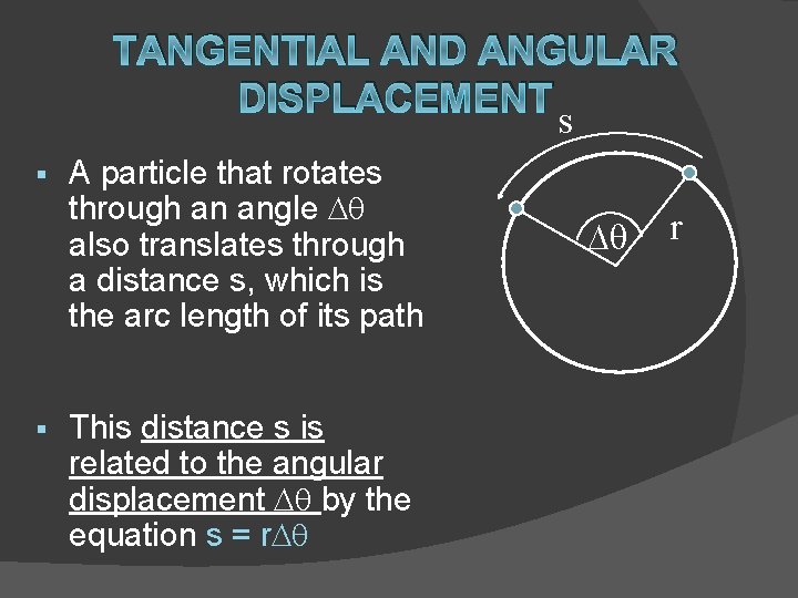 TANGENTIAL AND ANGULAR DISPLACEMENT s § § A particle that rotates through an angle