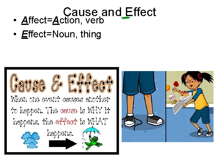 Cause and Effect • Affect=Action, verb • Effect=Noun, thing 