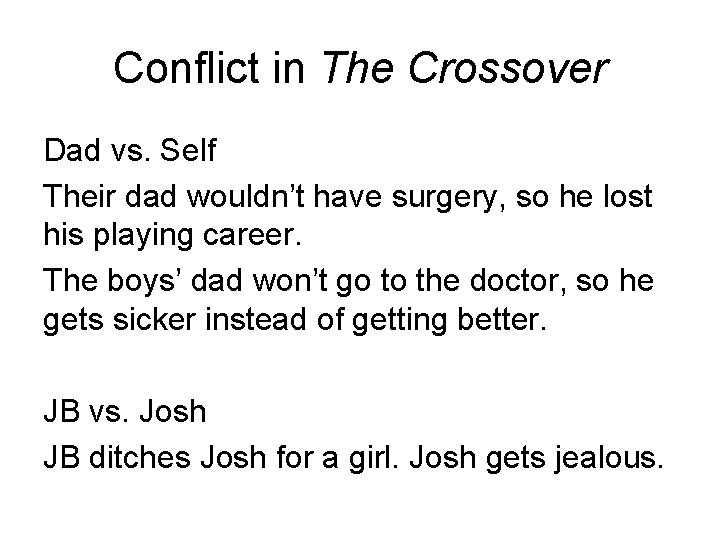 Conflict in The Crossover Dad vs. Self Their dad wouldn’t have surgery, so he