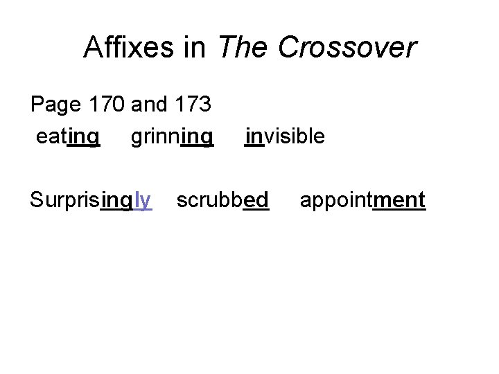 Affixes in The Crossover Page 170 and 173 eating grinning Surprisingly invisible scrubbed appointment