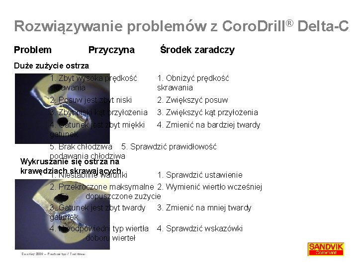 Rozwiązywanie problemów z Coro. Drill® Delta-C Problem Przyczyna Środek zaradczy Duże zużycie ostrza 1.