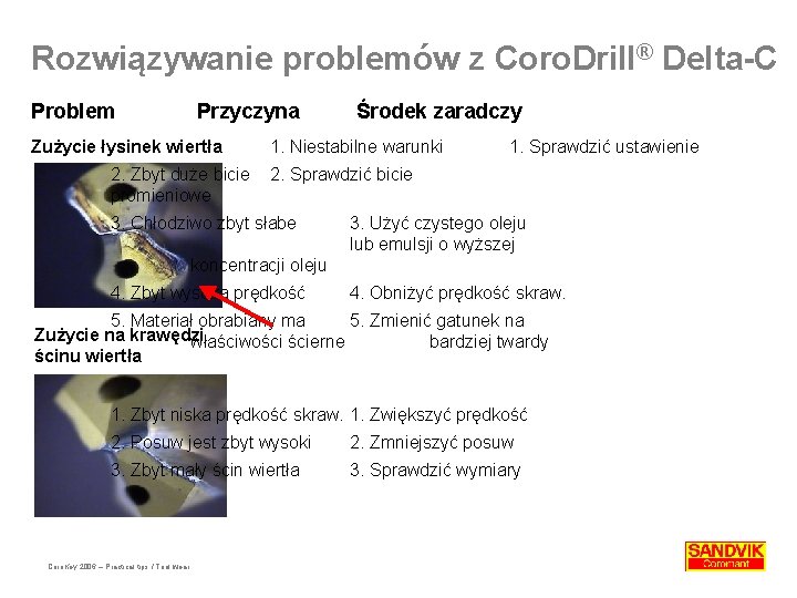 Rozwiązywanie problemów z Coro. Drill® Delta-C Problem Przyczyna Zużycie łysinek wiertła 2. Zbyt duże