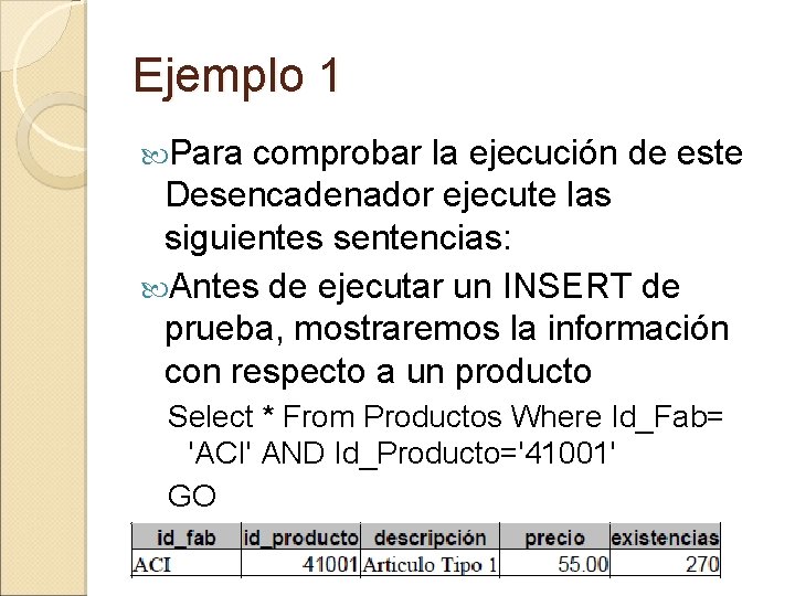 Ejemplo 1 Para comprobar la ejecución de este Desencadenador ejecute las siguientes sentencias: Antes