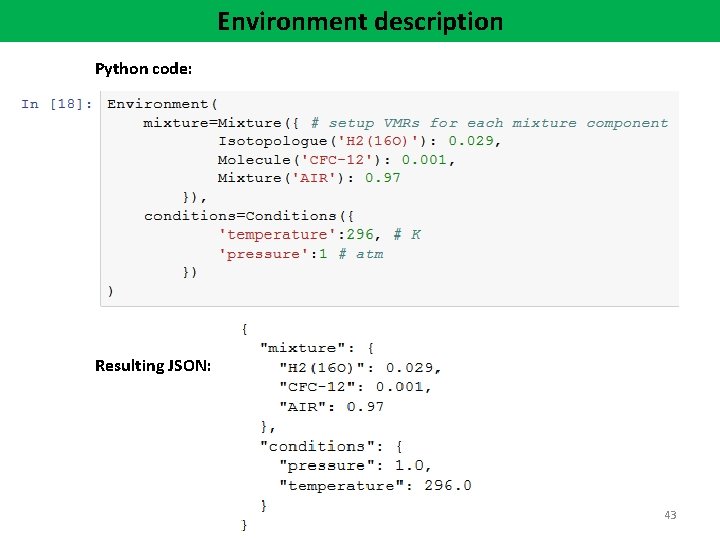 Environment description Python code: Resulting JSON: 43 