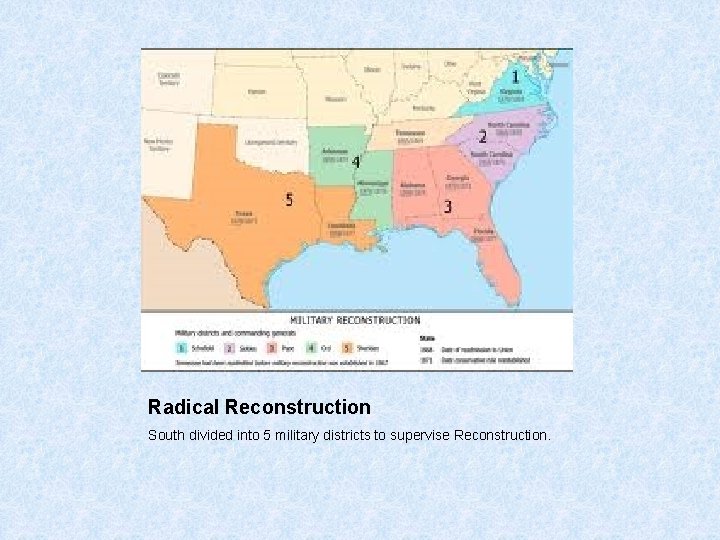 Radical Reconstruction South divided into 5 military districts to supervise Reconstruction. 