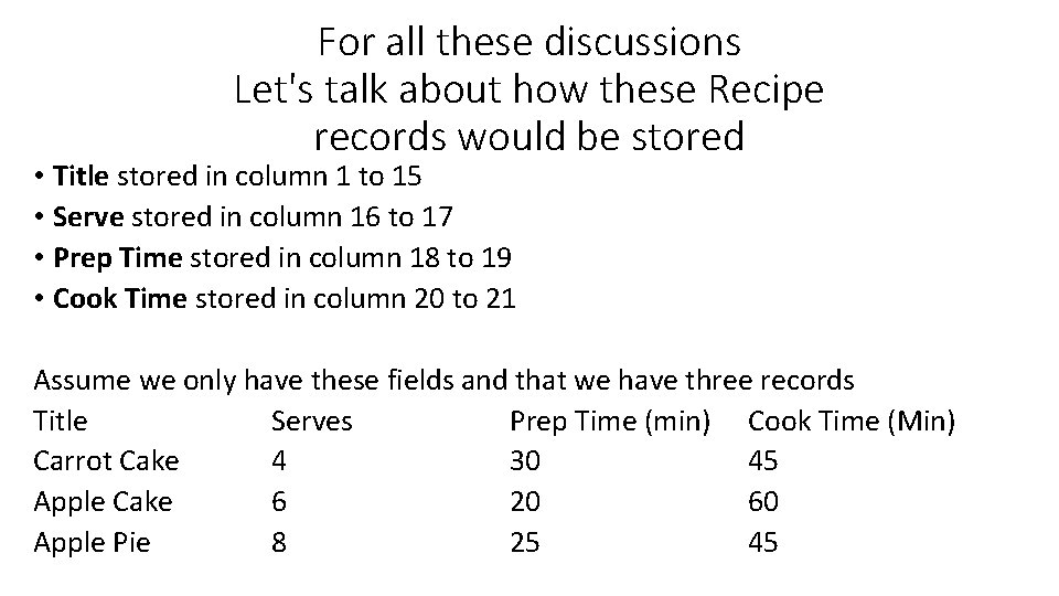For all these discussions Let's talk about how these Recipe records would be stored For all these discussions Let's talk about how these Recipe records would be stored