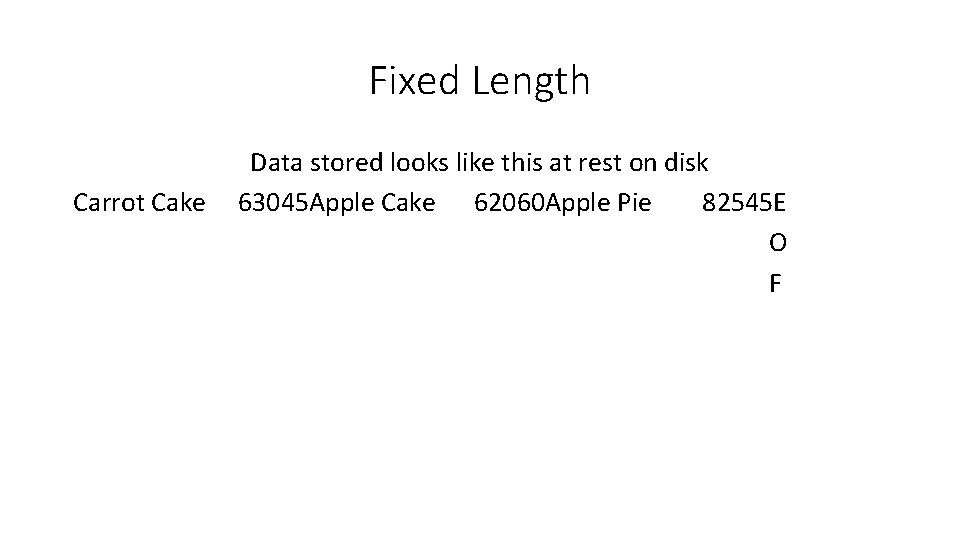 Fixed Length Carrot Cake Data stored looks like this at rest on disk 63045 Fixed Length Carrot Cake Data stored looks like this at rest on disk 63045