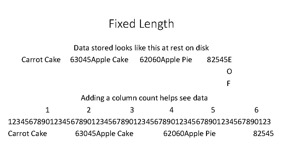 Fixed Length Carrot Cake Data stored looks like this at rest on disk 63045 Fixed Length Carrot Cake Data stored looks like this at rest on disk 63045