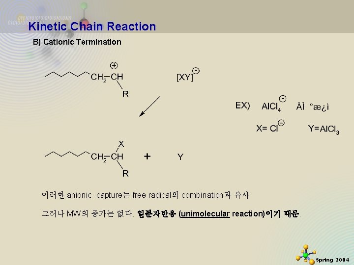 Kinetic Chain Reaction B) Cationic Termination 이러한 anionic capture는 free radical의 combination과 유사 그러나