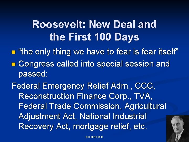 Roosevelt: New Deal and the First 100 Days “the only thing we have to