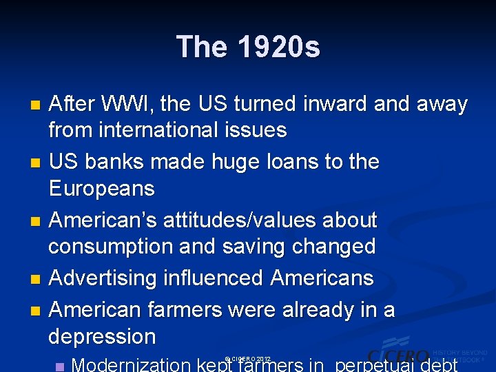 The 1920 s After WWI, the US turned inward and away from international issues