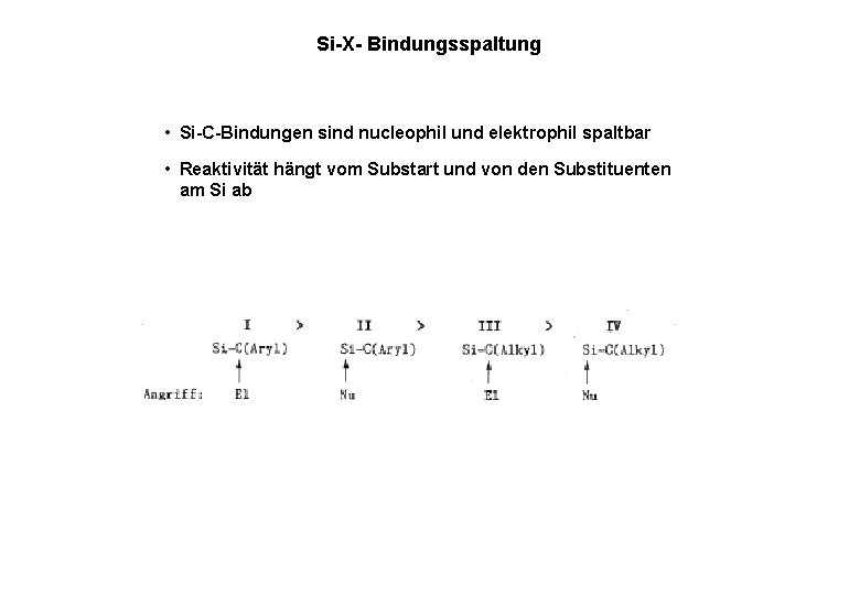 Si-X- Bindungsspaltung • Si-C-Bindungen sind nucleophil und elektrophil spaltbar • Reaktivität hängt vom Substart