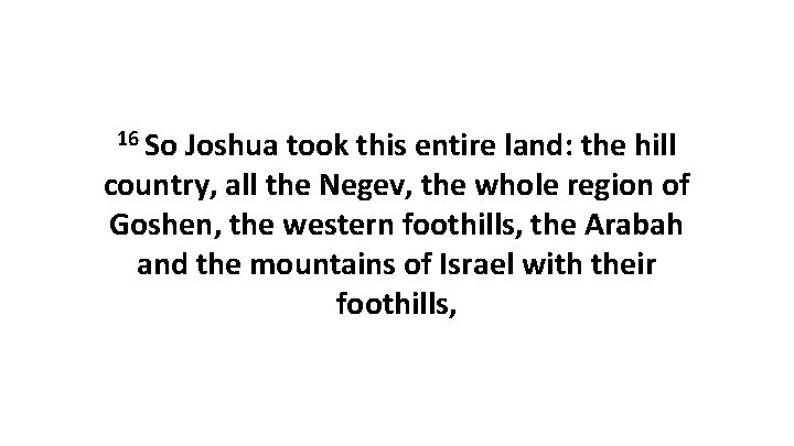 16 So Joshua took this entire land: the hill country, all the Negev, the
