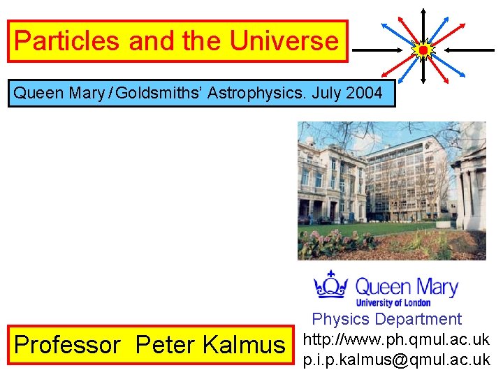 Particles and the Universe Queen Mary / Goldsmiths’ Astrophysics. July 2004 Professor Peter Kalmus