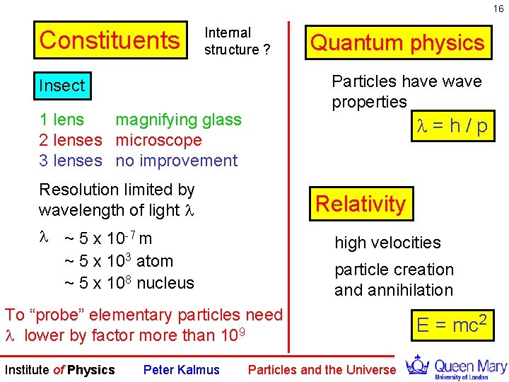 16 Constituents Internal structure ? Quantum physics Particles have wave properties Insect 1 lens