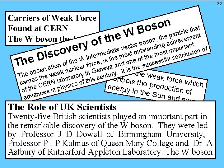 32 Carriers of Weak Force Found at CERN The W boson the hypo f