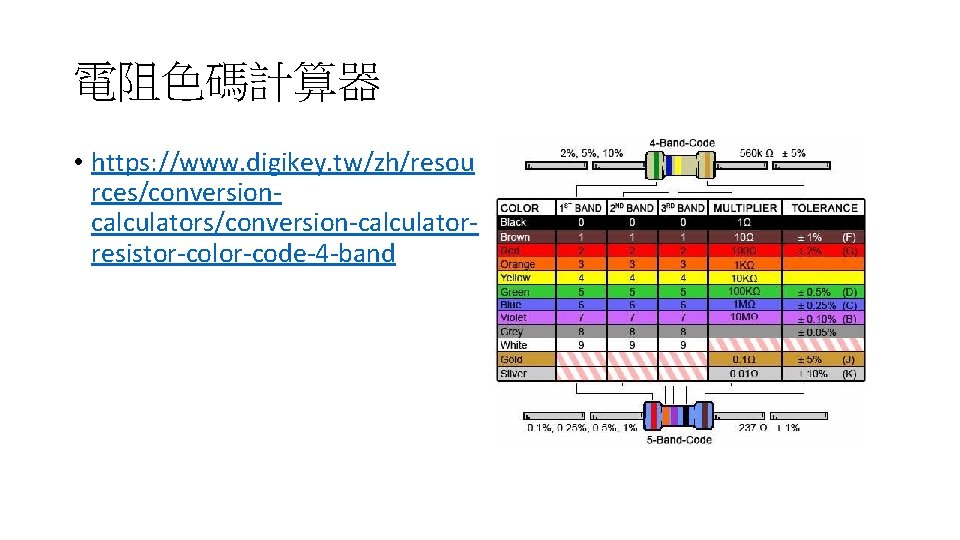 電阻色碼計算器 • https: //www. digikey. tw/zh/resou rces/conversioncalculators/conversion-calculatorresistor-color-code-4 -band 