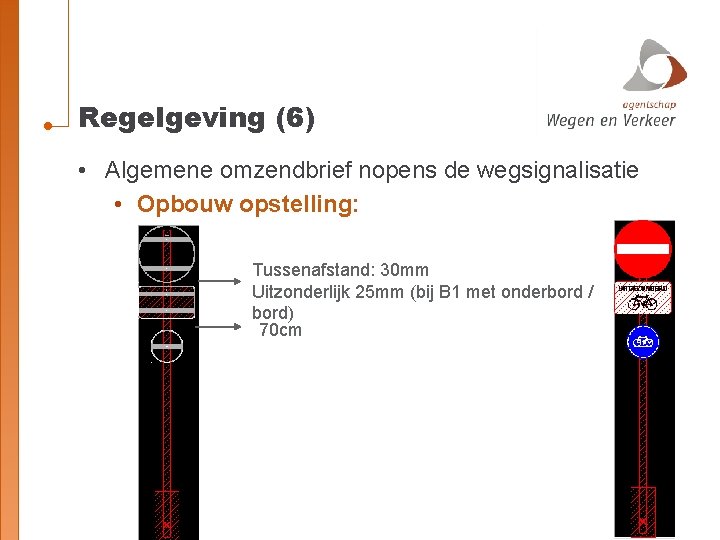 Regelgeving (6) • Algemene omzendbrief nopens de wegsignalisatie • Opbouw opstelling: Tussenafstand: 30 mm