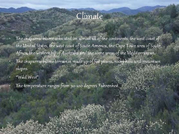 Climate • The chaparral biome is located on almost all of the continents; the