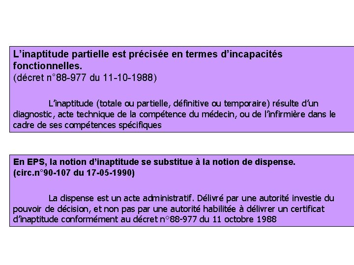 L’inaptitude partielle est précisée en termes d’incapacités fonctionnelles. (décret n° 88 -977 du 11