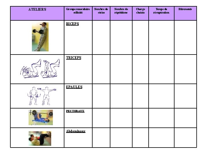 ATELIERS Groupe musculaire sollicité BICEPS TRICEPS EPAULES PECTORAUX Abdominaux Nombre de séries Nombre de