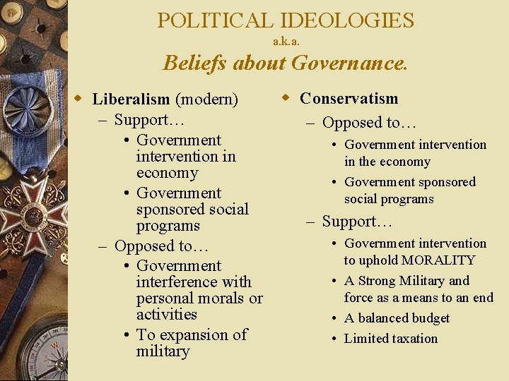 POLITICAL IDEOLOGIES a. k. a. Beliefs about Governance. w Liberalism (modern) – Support… •