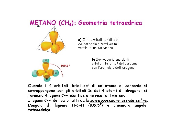 METANO (CH 4): Geometria tetraedrica a) I 4 orbitali ibridi sp 3 del carbonio