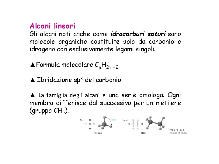 Alcani lineari Gli alcani noti anche come idrocarburi saturi sono molecole organiche costituite solo